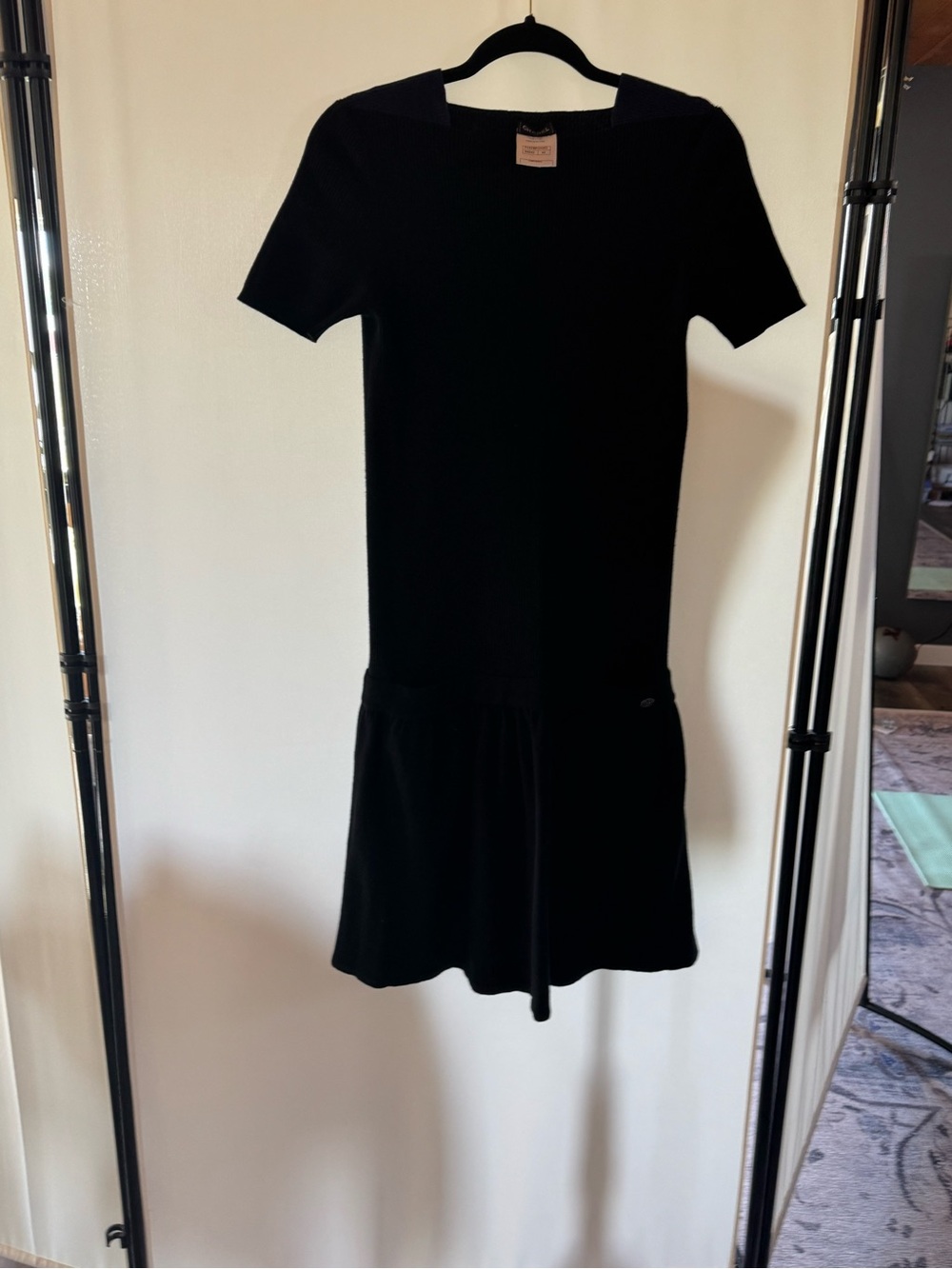 CHANEL Black Short-Sleeve Drop-Waist Mini Dress